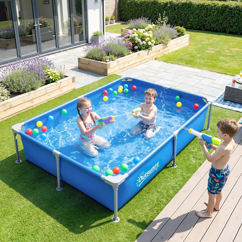 Outsunny Metal Frame Swimming Pool, Rectangular Above Ground Frame Pool with Repair Patch, 229 x 160 x 43 cm, Blue