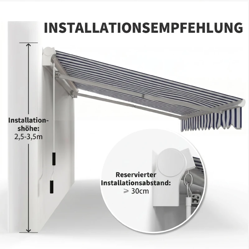 Outsunny handmatige knikarmluifel 395 cm luifel met handslinger balkonluifel zonwering wandmontage balkon aluminium wit + blauw 395 x 245 cm | Aosom