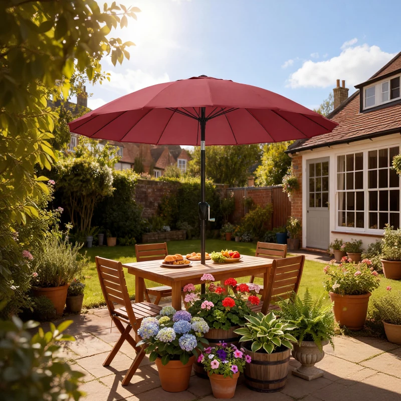 Outsunny 2 m Shanghai Garden Parasol Umbrella with 16 Fibreglass Ribs, Outdoor Parasol Sun Shade with Crank & Tilt, Wine Red