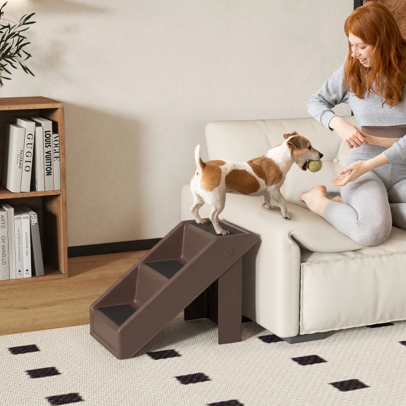 PawHut Scaletta per Cani e Gatti con 3 Scalini Antiscivolo per Letti Alti e Divani, 53x30.5x36.5 cm, Marrone