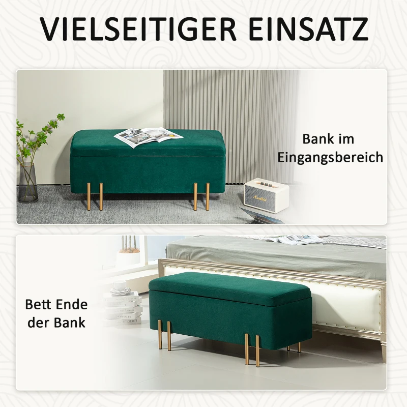 HOMCOM Opbergbank, Gestoffeerde Bank met Opbergruimte, Metaal, Rubberhout, Schuim, 100 x 40 x 42 cm, Groen