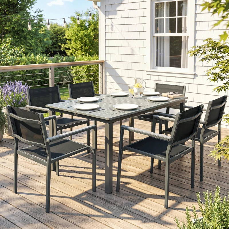 Outsunny Garden Dining Set with Acacia Wood Table Top, Outdoor Table and Stackable Chairs Set for 6 with Texteline Seat, Grey
