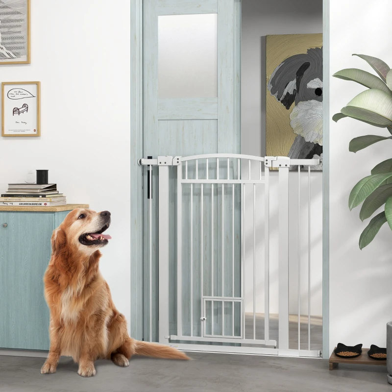 PawHut Barrière pour chien, largeur ajustable 76-102cm, barrière extra large avec porte pour chat, blanc