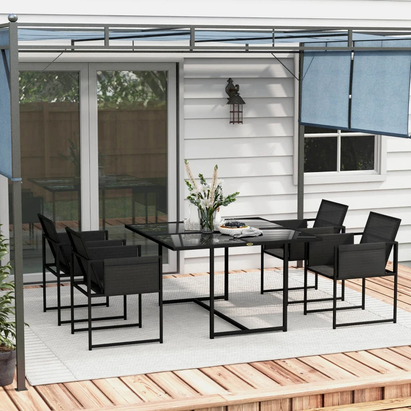 Outsunny 5 Piece Garden Dining Set with Breathable Mesh Seat, Adjustable Backrest, Tempered Glass Table Top for Patio, Black