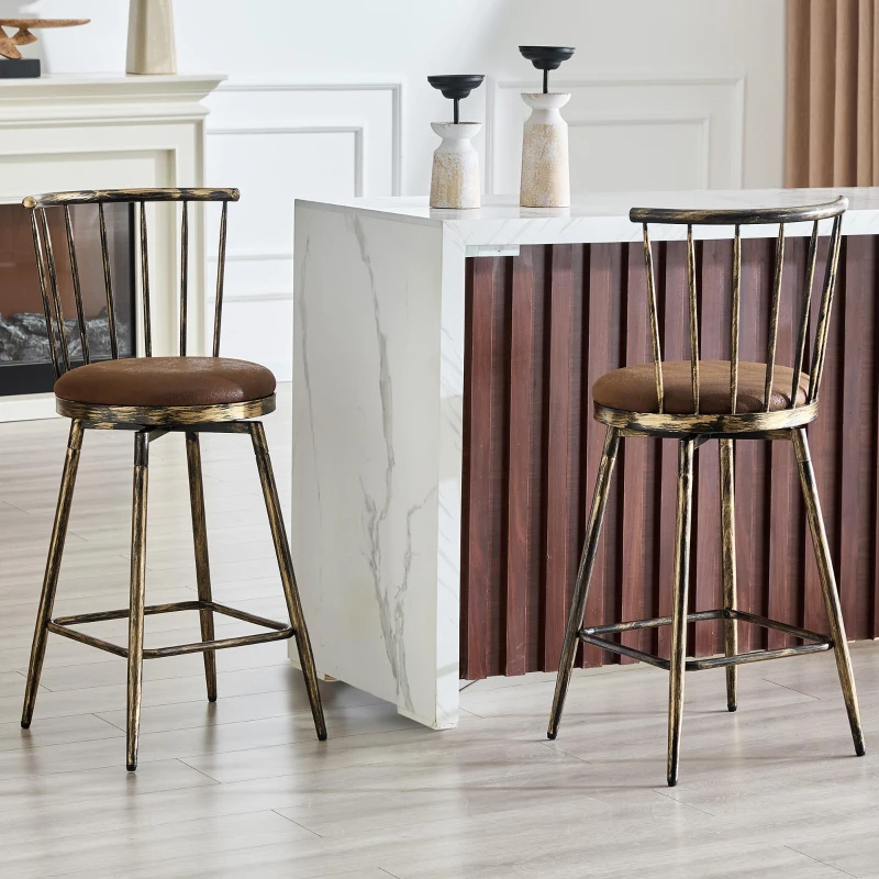 Tabouret de bar style Windsor en métal, assise ronde rembourrée, 39x39x96 cm, Marron