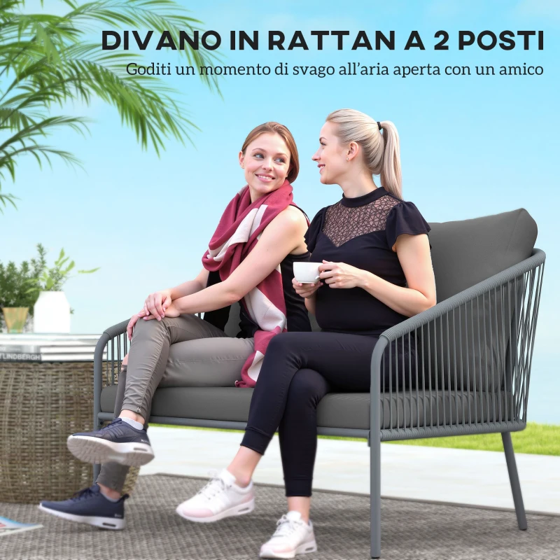Outsunny Divano 2 Posti Stile Boho con Cuscini Sfoderabili e Braccioli, in Acciaio e Rattan PE, 112x72x76 cm, Grigio