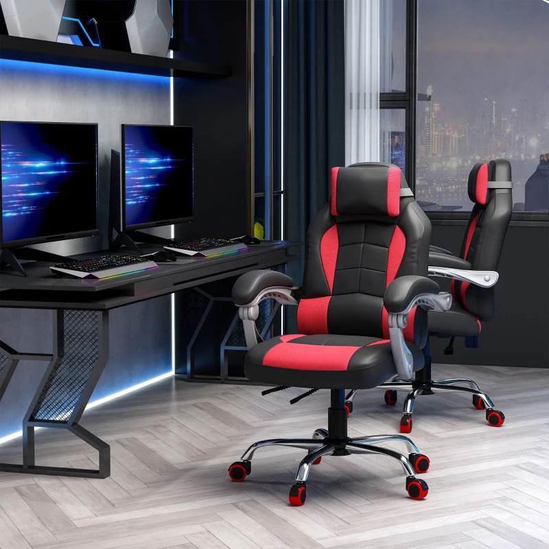 HOMCOM Scaun Gaming Rabatabil cu Suport Lombar și Tetieră din Piele PU, Roșu și Negru