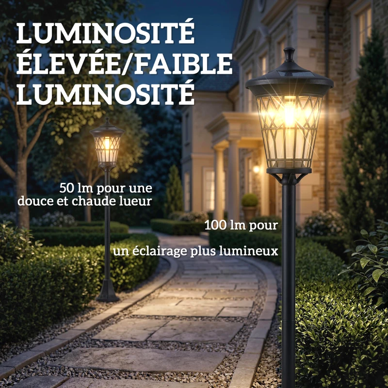 Outsunny Lot de 2 Lampadaires Solaires 1,86 m pour Jardin, Lampes de Rue en Acier Inoxydable à Hauteur Réglable Noir