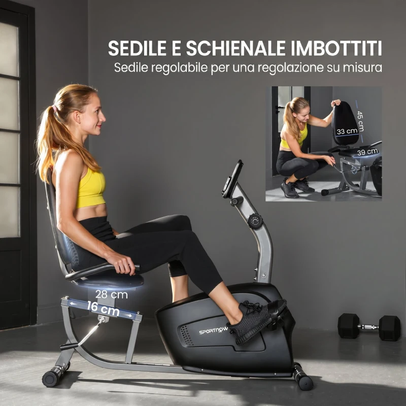 SPORTNOW Cyclette da Casa Recumbent con 8 Livelli di Resistenza Magnetica, Misurazione Pulsazioni, Sellino Regolabile