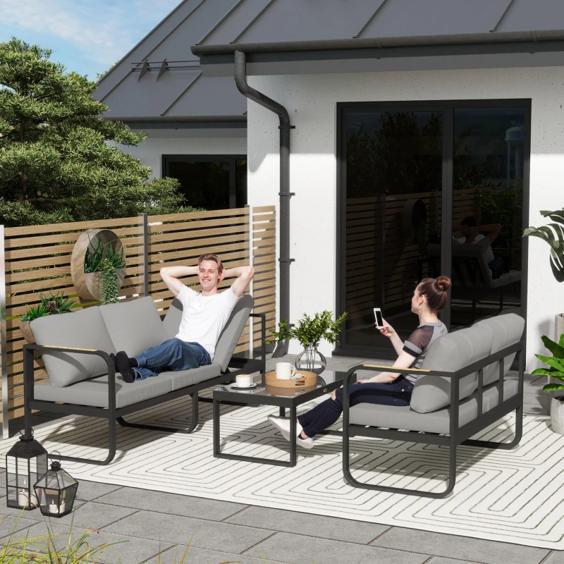 Outsunny Salon de jardin extérieur 3 pièces en L avec canapés et table basse en verre, assise réglable 5 positions, gris