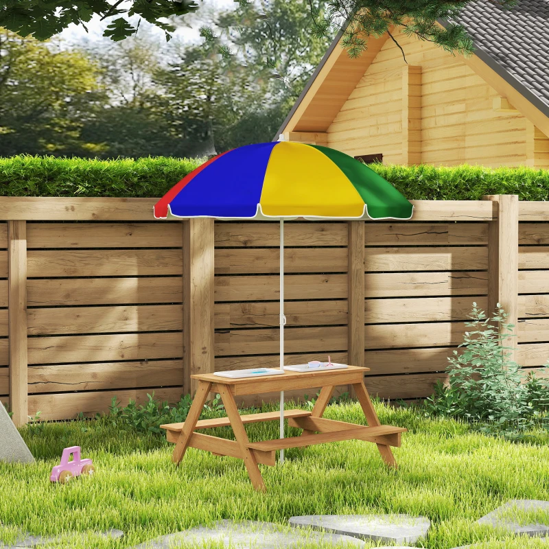 AIYAPLAY Kids Picnic Table, Sand and Water Table with Wooden Benches, Adjustable Parasol and Storage Bins, Multicolour
