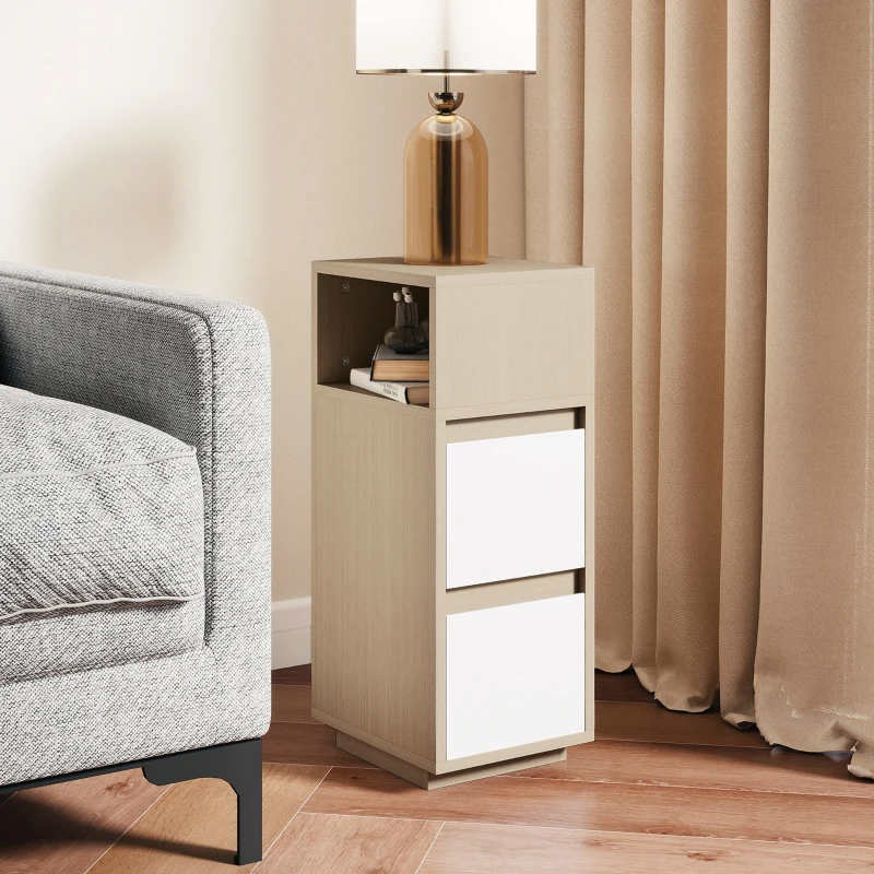 HOMCOM Slim Bedside Table, Narrow Bedside Cabinet with Open Shelf and 2 Drawers for Bedroom, Living Room, Natural Wood Finish