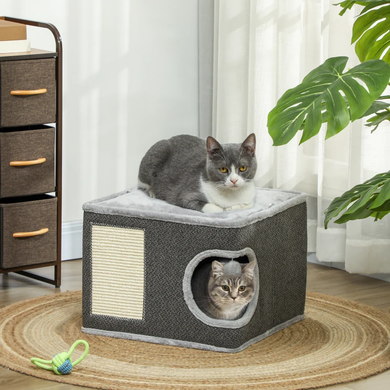 PawHut Tonneau griffoir chat arbre à chat avec plate-forme supérieur, en peluche et sisal 45 x 45 x 35 cm gris anthracite