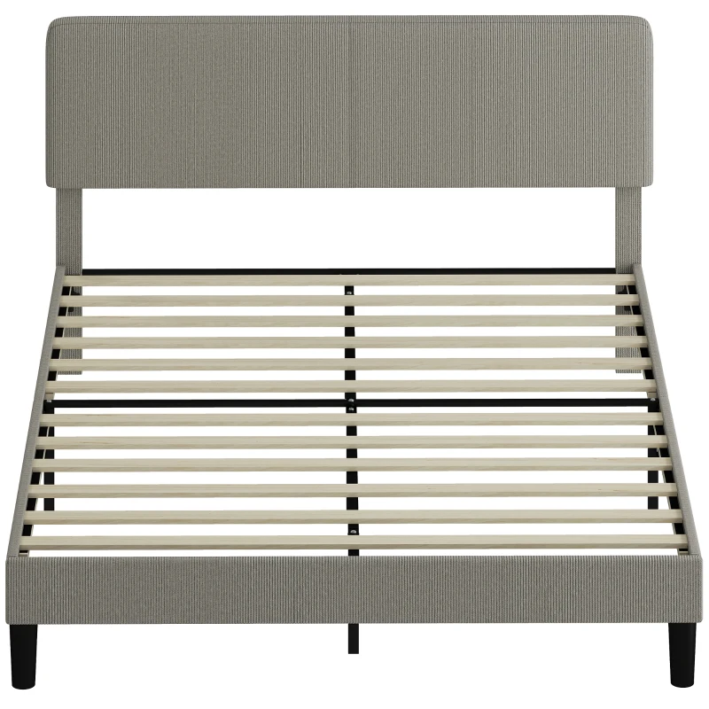 HOMCOM Cadre de lit 160 x 200 cm, sommier à lattes en bois, tête de lit réglable, lit double rembourré en velours côtelé, gris