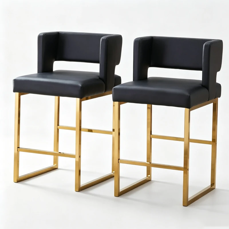Lot de 2 tabourets de bar nordiques, design carré moderne, imperméable et facile à nettoyer, 48x53.3x91.4 cm, Noir+Doré