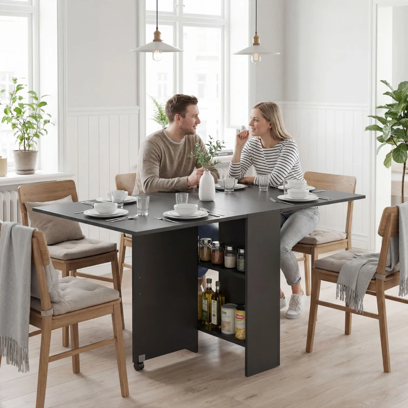 HOMCOM Mesa de Cozinha Dobrável com 2 Prateleiras de Armazenamento e Laterais Dobráveis 75x140x74 cm Preto