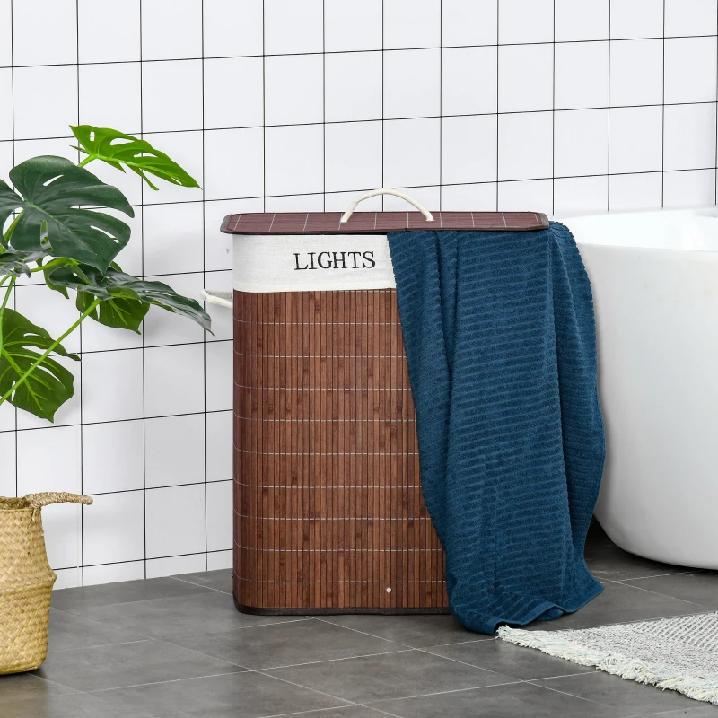 HOMCOM Panier à linge 100L avec 2 bacs bambou pliable couvercle poignée avec Sac amovible et lavable marron
