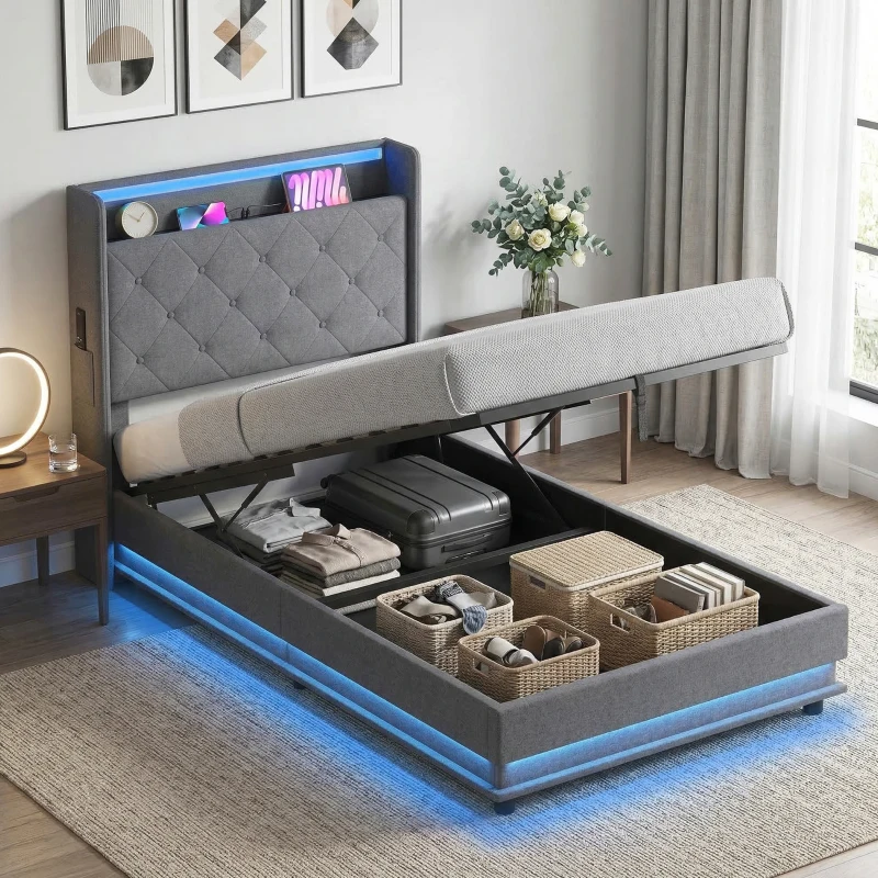 HOMCOM 3ft Single Bed Frame with Headboard, Platform Bed Frame with Hydraulic Storage, LED Lights and Charging Station, Grey