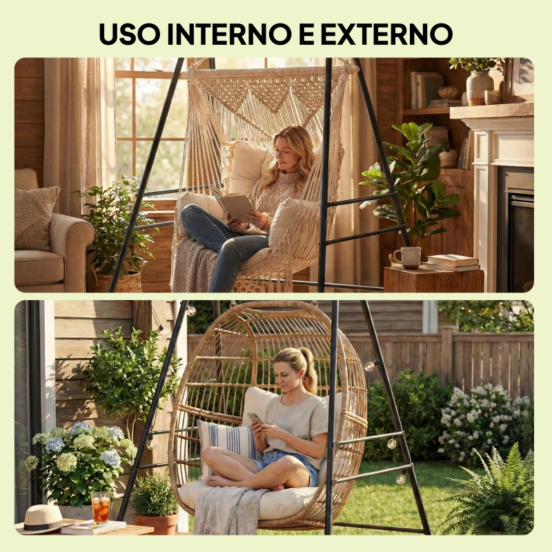 Outsunny Suporte para Cadeira Suspensa Rede 183 cm Suporte para Balanço Estrutura de Aço Almofadas Antiderrapantes Preto