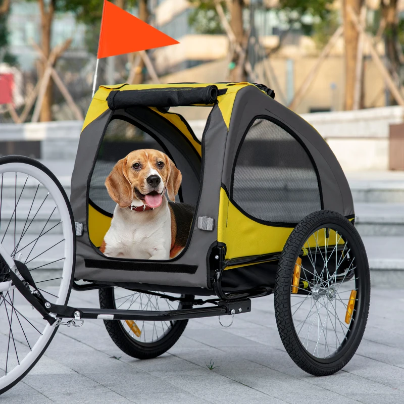 PawHut Remorque de vélo pour chien avec fenêtres en maille réflecteurs et drapeau de sécurité 140 x 71 x 83 cm jaune