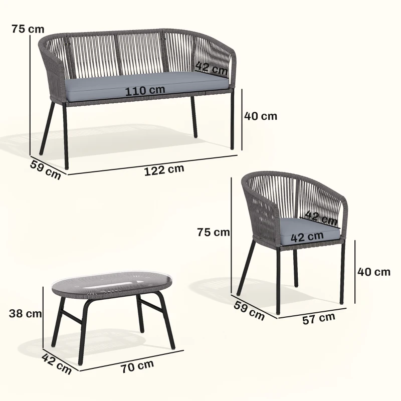 Outsunny 4 Piece Garden Furniture Set, Rope Garden Sofa Set with 1 Loveseat 2 Chairs Tempered Glass Table Cushions, Dark Grey