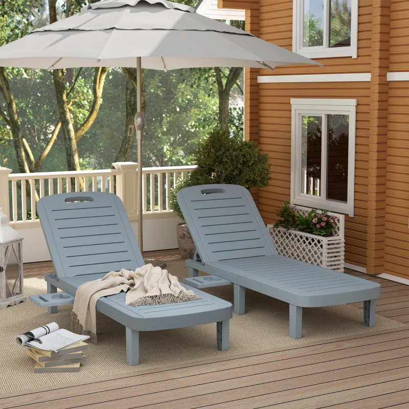 Outsunny Set 2 Lettini Prendisole con Schienale Regolabile e Vassoi, in Polipropilene, 62x158x88 cm, Grigio Scuro