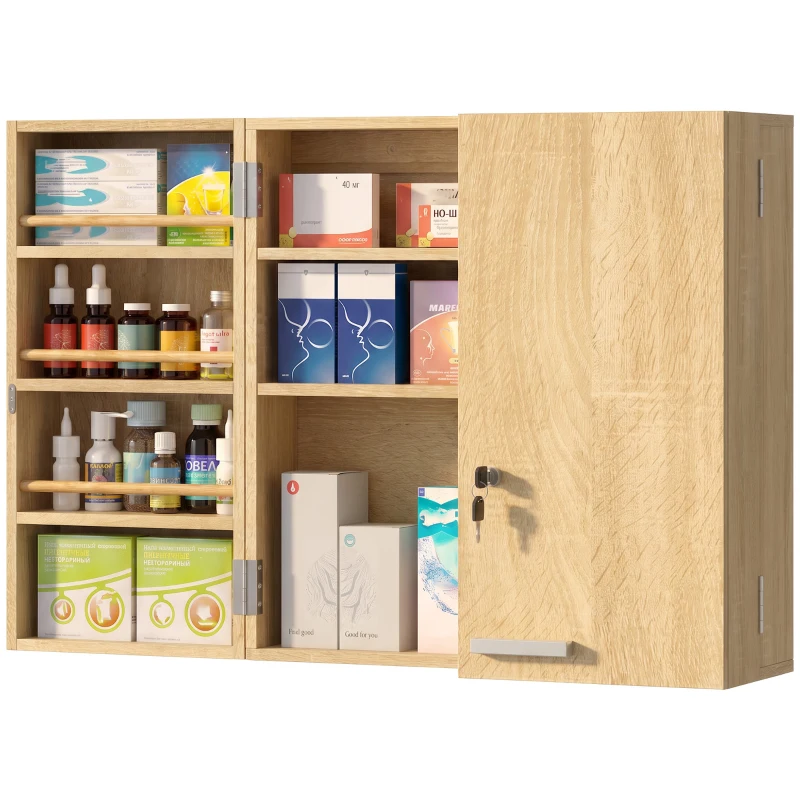 HOMCOM Armoire à pharmacie murale, armoire à médicaments avec double porte verrouillable 2 clés, 53x20x53cm, chêne
