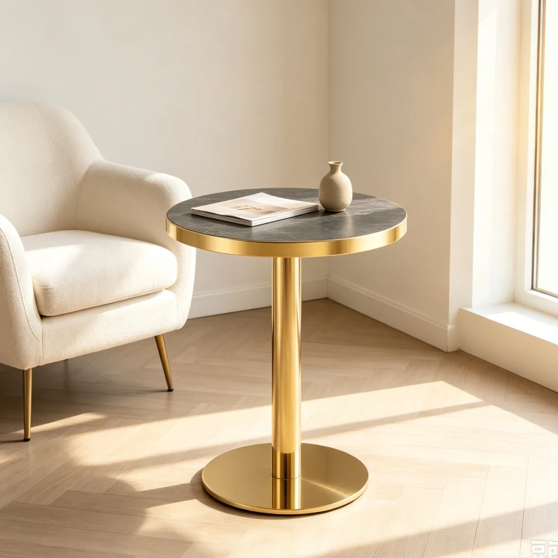 Table d'appoint ronde moderne, stabilité optimale et un gain de place, 59.5x59.5x73.5 cm, Gris+Or