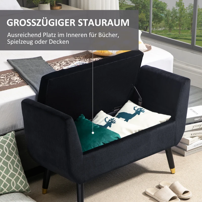 HOMCOM luxe bank gestoffeerde bank met opbergruimte armleuningen bank fluweelzacht polyester rubber hout zwart 107 x 42 x 65 cm(m-4)