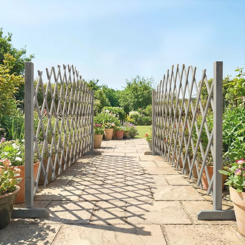 Outsunny 2 Pack Expanding Fence Panels, Wooden Freestanding Garden Fence with Stable Feet, 180 x 30 x 103cm, Dark Grey
