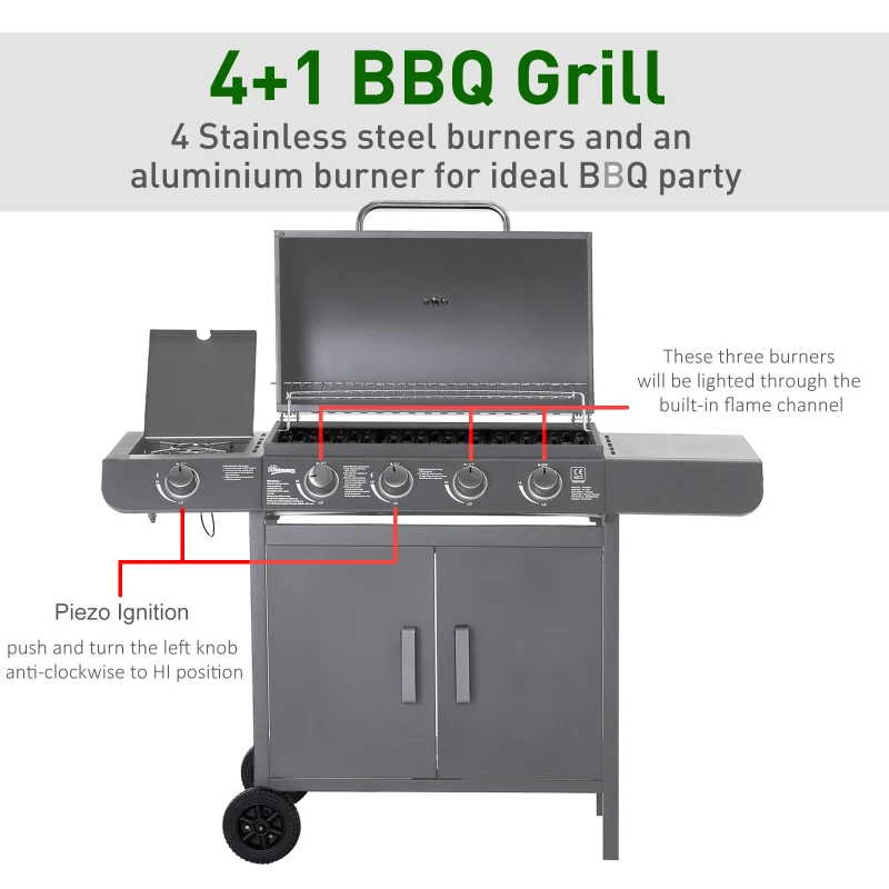 Outsunny 4+1 Burner Gas BBQ Grill, Outdoor Barbecue Trolley with Wheels, Warming Rack, Side Shelves, Cabinet, Thermometer for Garden, Party, Camping, 125W x 51D x 100Hcm, Grey