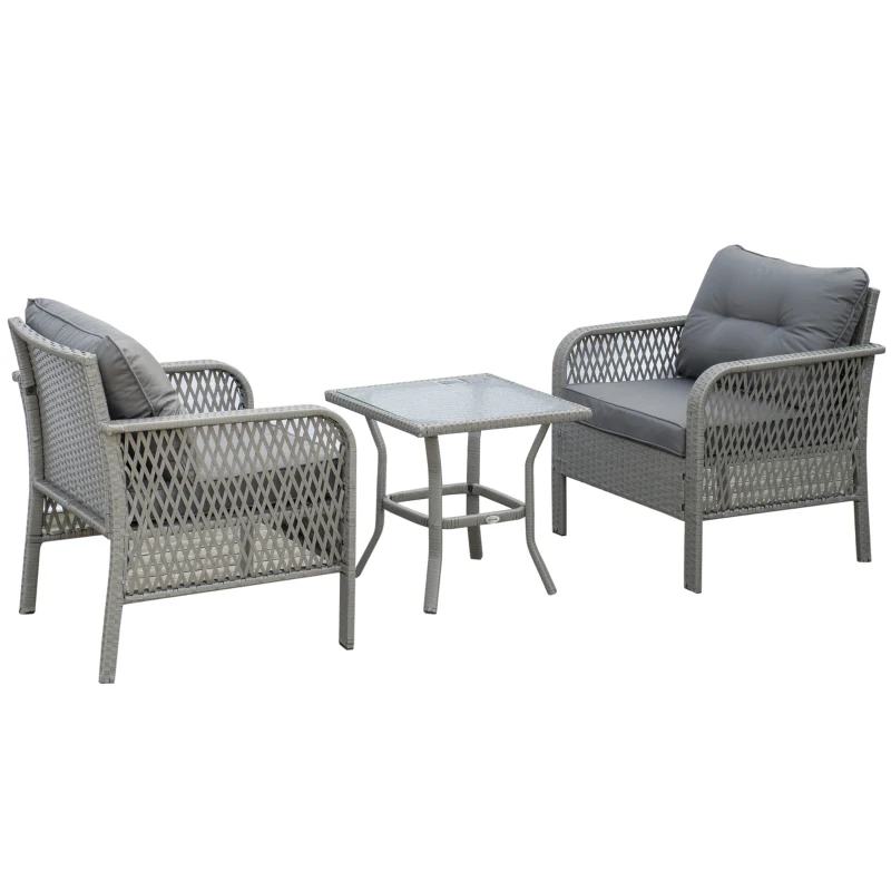 Outsunny 3 Pieces Rattan Bistro Set with Glass Top Coffee Table, Chairs and Cushions for Outdoor, Patio, Balcony, Grey
