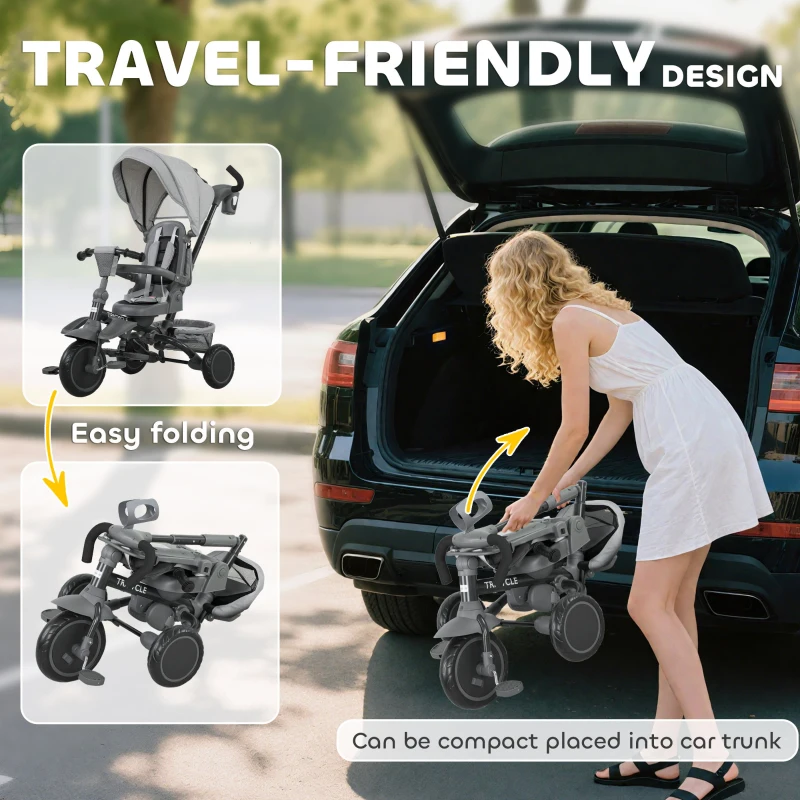 AIYAPLAY Tricycle bébé évolutif 6 en 1, tricycle enfant pliable avec poignée parentale réglable, siège pivotant 360°, gris