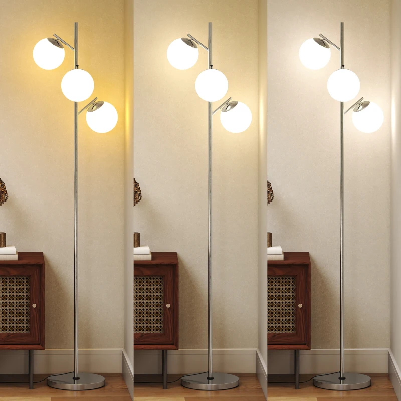 HOMCOM 3-Light Tree Floor Lamps for Living Room, Modern Standing Lamp for Bedroom with Globe Lampshade, 3000K/4000K/6000K Colour Temperatures, Steel Base, Silver Tone