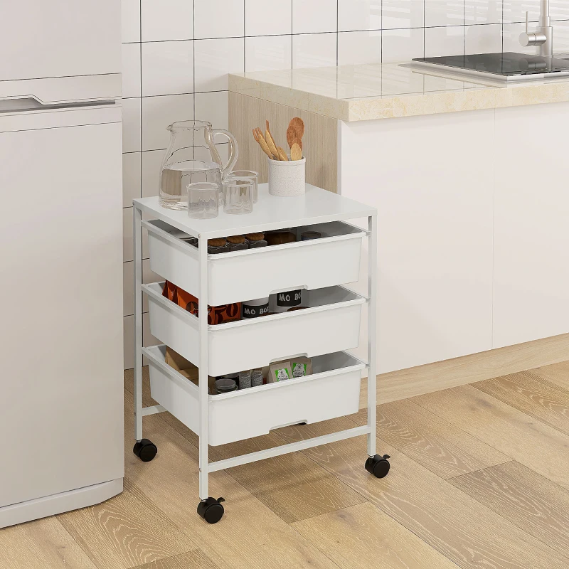HOMCOM Bijzetwagen met Wielen, 3 Manden voor Transport en Opslag, Keukentrolley, 40,8L x 33,5B x 60,5H cm, Wit