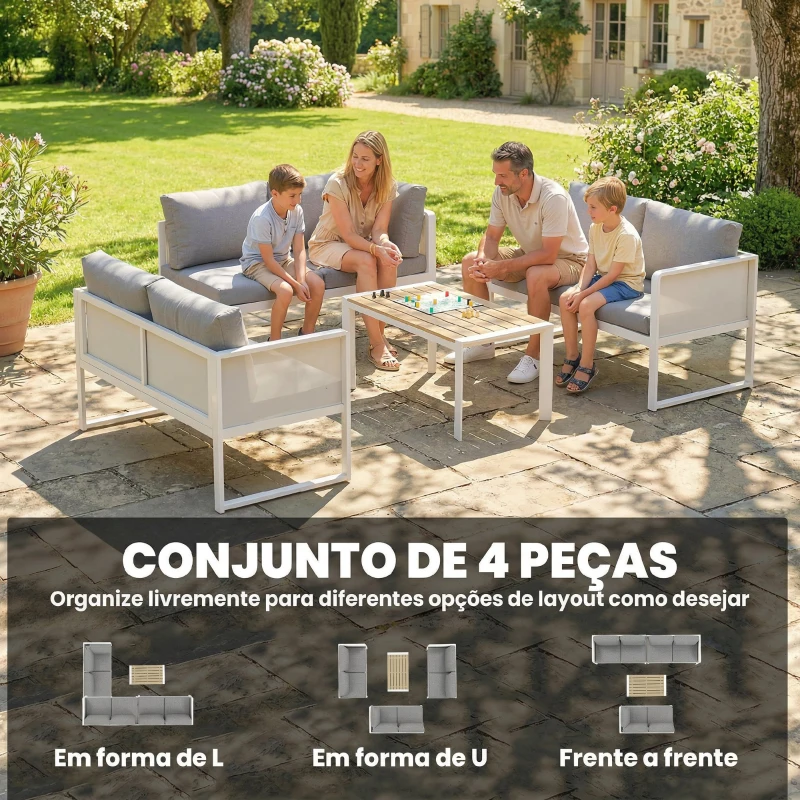 Outsunny Conjunto de Jardim de 4 Peças Sofá Exterior Seccional em L com 3 Sofás de 2 Lugares Assento em Textilene Mesa com Bancada Efeito Madeira WPC Cinza Claro e Branco