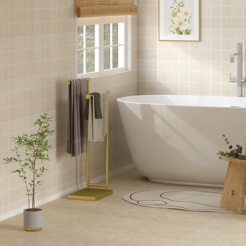 HOMCOM Toalheiro de Pé de 2 Níveis Toalheiro para Casa de Banho com 2 Barras e Estrutura Metálica Estilo Moderno em Forma de L 35,5x20x78 cm Dourado