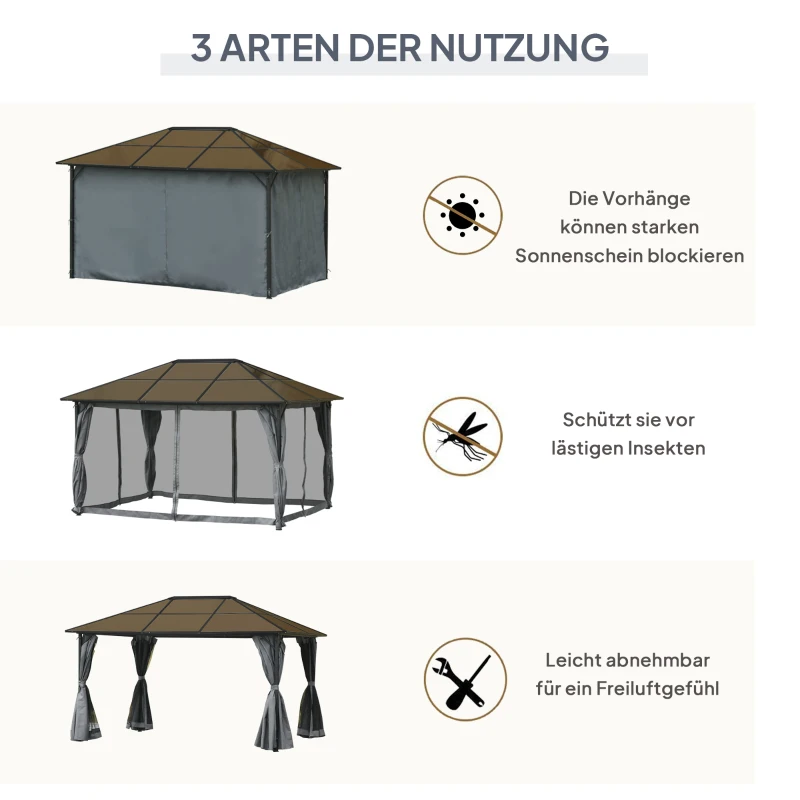 Outsunny paviljoen 3 x 4 m tuinpaviljoen partytent met zijdelen PC dak aluminium donkergrijs
