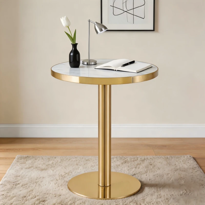 Table d'appoint ronde moderne, stabilité optimale et un gain de place, 60x60x74 cm, Blanc+Doré