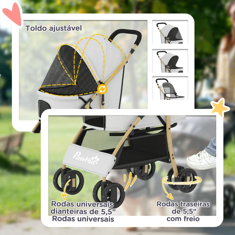 PawHut Carrinho para Animais de Estimação com Capota Ajustável e Cesta de Armazenamento 80x44,5x97 cm Cinzento Claro