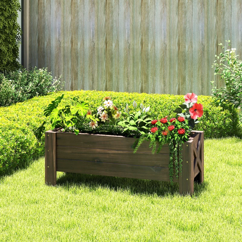 Outsunny verhoogd bed met behandeling van carbonisatie plantenbak plantenfolie met 2 lekgaten dennenhout verkoold 100 x 36,5 x 36 cm