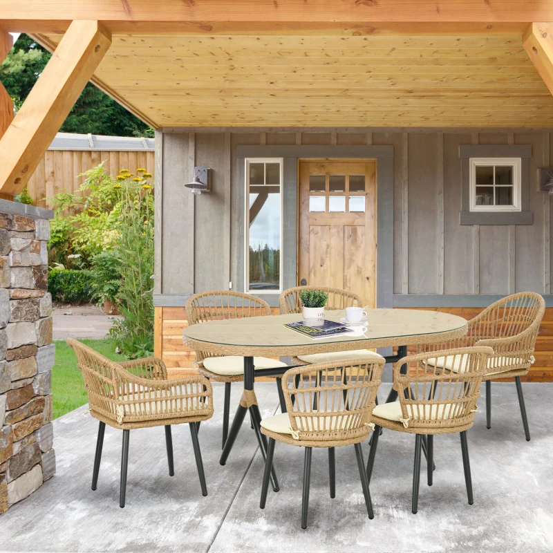 Outsunny Set da Giardino 7 Pezzi in Rattan PE con Tavolo da Pranzo 153x89x74 cm e 6 Sedie 52x62x78 cm con Cuscini