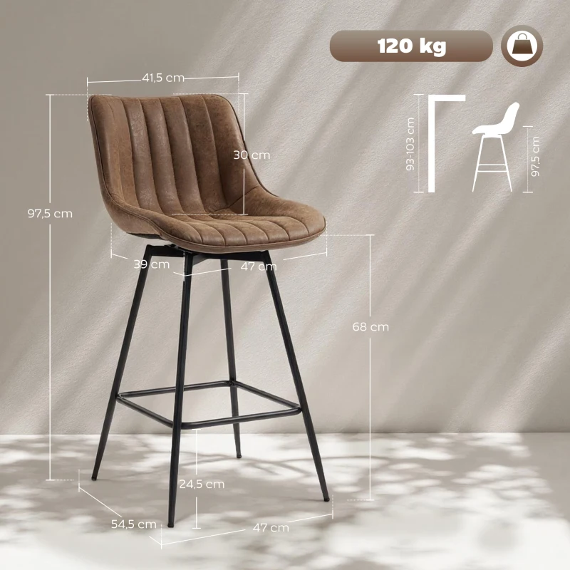 HOMCOM Lot de 2 tabourets de bar, chaises de bar en PU, assise rembourrée 68H cm, dossier et repose-pieds, marron