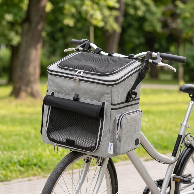 PawHut Panier de Vélo Avant Portable pour Chiens Chats, Laisse de Sécurité, Couvercle Détachable, 33x26x35cm, Gris Clair