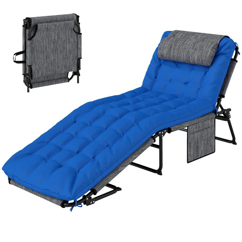 Outsunny Zonneligstoel met 4-Standen Verstelbare Rugleuning, Kussen, Zijvak, Hoofdsteun, 68 x 189 x 30 cm, Blauw