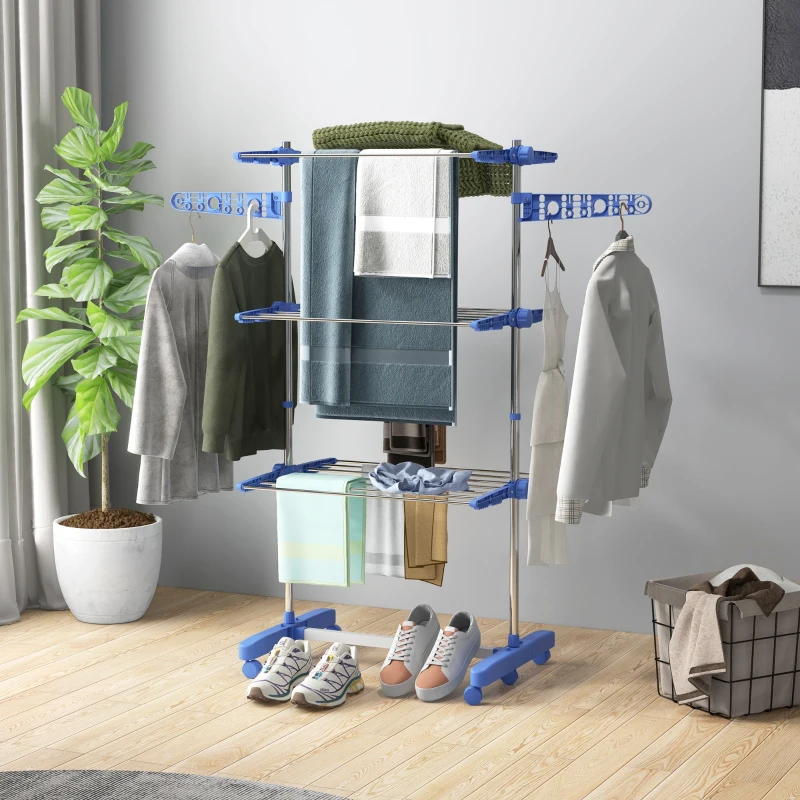 HOMCOM Tendedero Vertical de 3 Niveles con 6 Ruedas 2 Laterales Abatibles Estantes Ajustables y Marco de Acero Inoxidable Azul