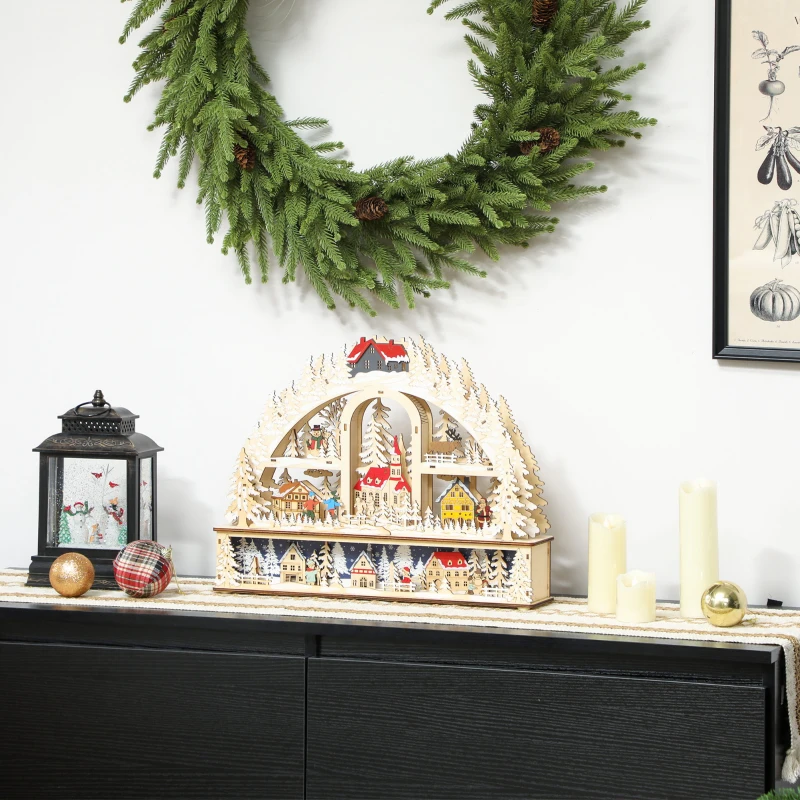 HOMCOM Kerstdorp met LED-verlichting, 45 cm kerstdorp met sneeuwpop, rendier en bomen, natuurhout