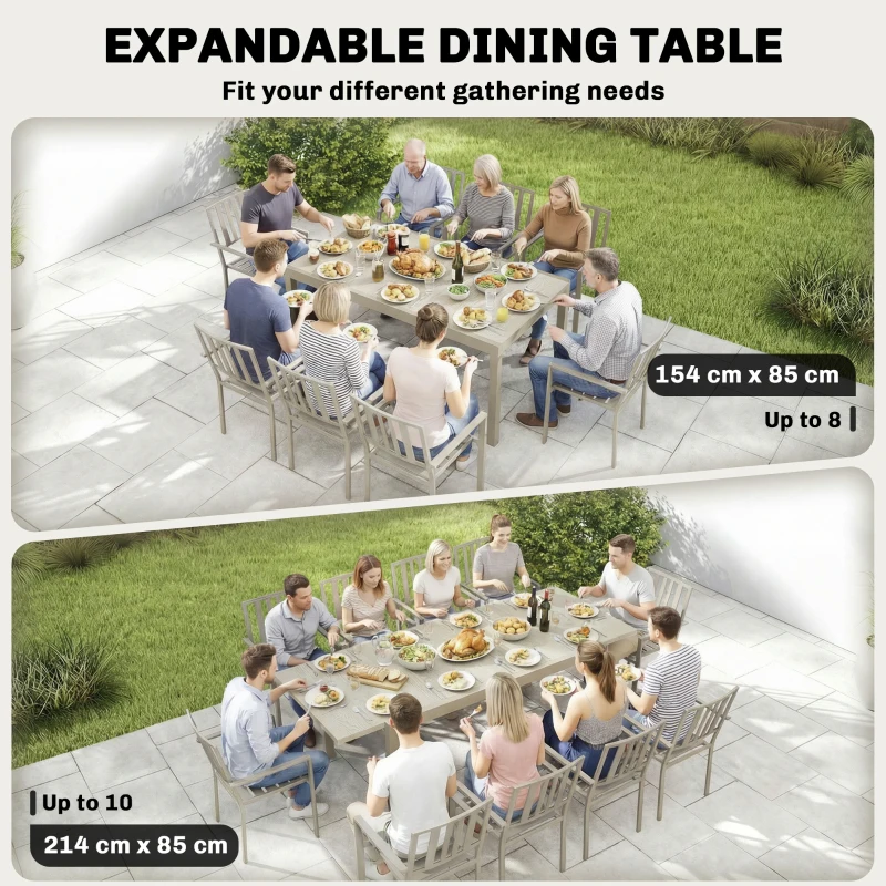 Outsunny Extending Garden Table, Aluminium Outdoor Dining Table for 8-10 with Wood-Like Grained Surface, Light Grey Wood Effect