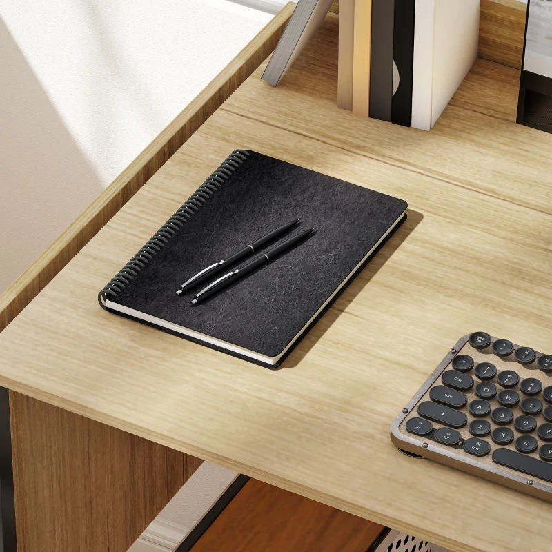 HOMCOM Inklapbare computertafel met 2 uitklapbladen, veel ruimte voor monitoren, metalen poten, stevige constructie, eikenlook + zwart(m-9)
