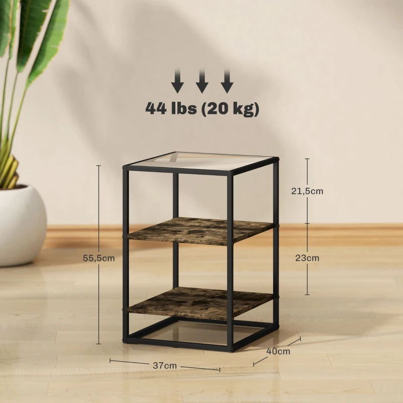 HOMCOM Set 2 Tavolini da Soggiorno a 3 Livelli in Legno e Metallo con Piano in Vetro Temperato, 37x40x55.5 cm, Marrone